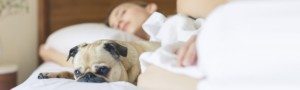 Woman sleeping with pug on the bed.